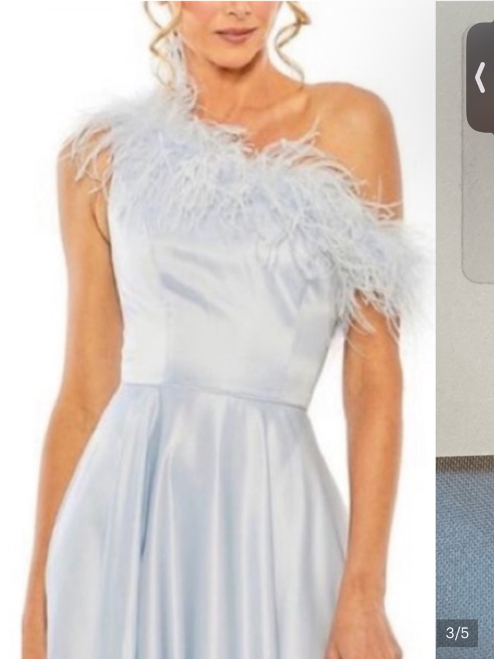 Mac Duggal Pale Blue One-Shoulder Satin Gown with Feather Trim - Picture 3 of 3